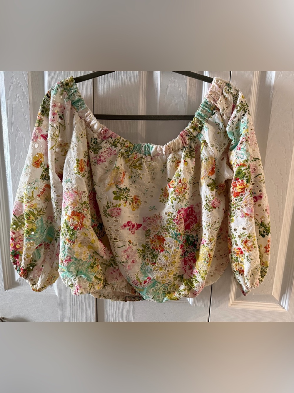 Floral Eyelet Off-Shoulder Peasant Top - White/Multi